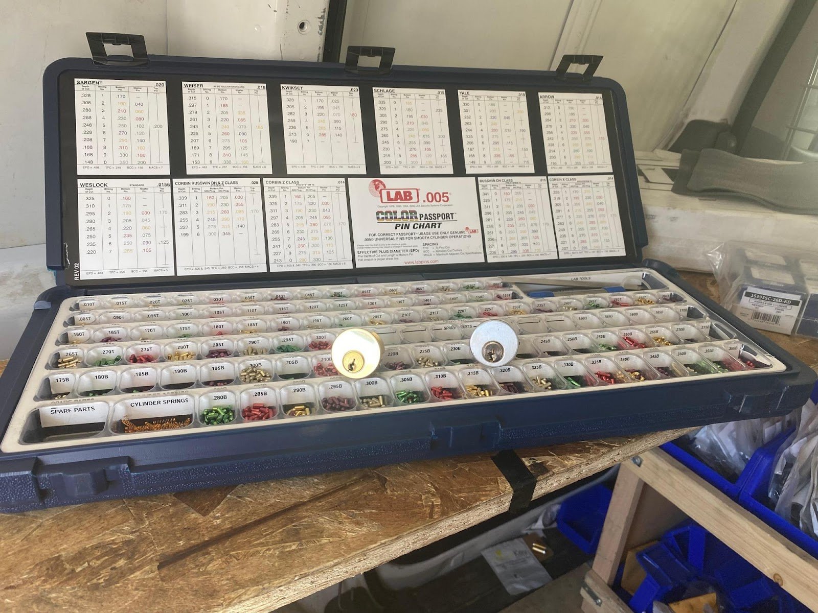 970 Locksmith Fort Collins workshop — lock cylinders ready for master key pinning